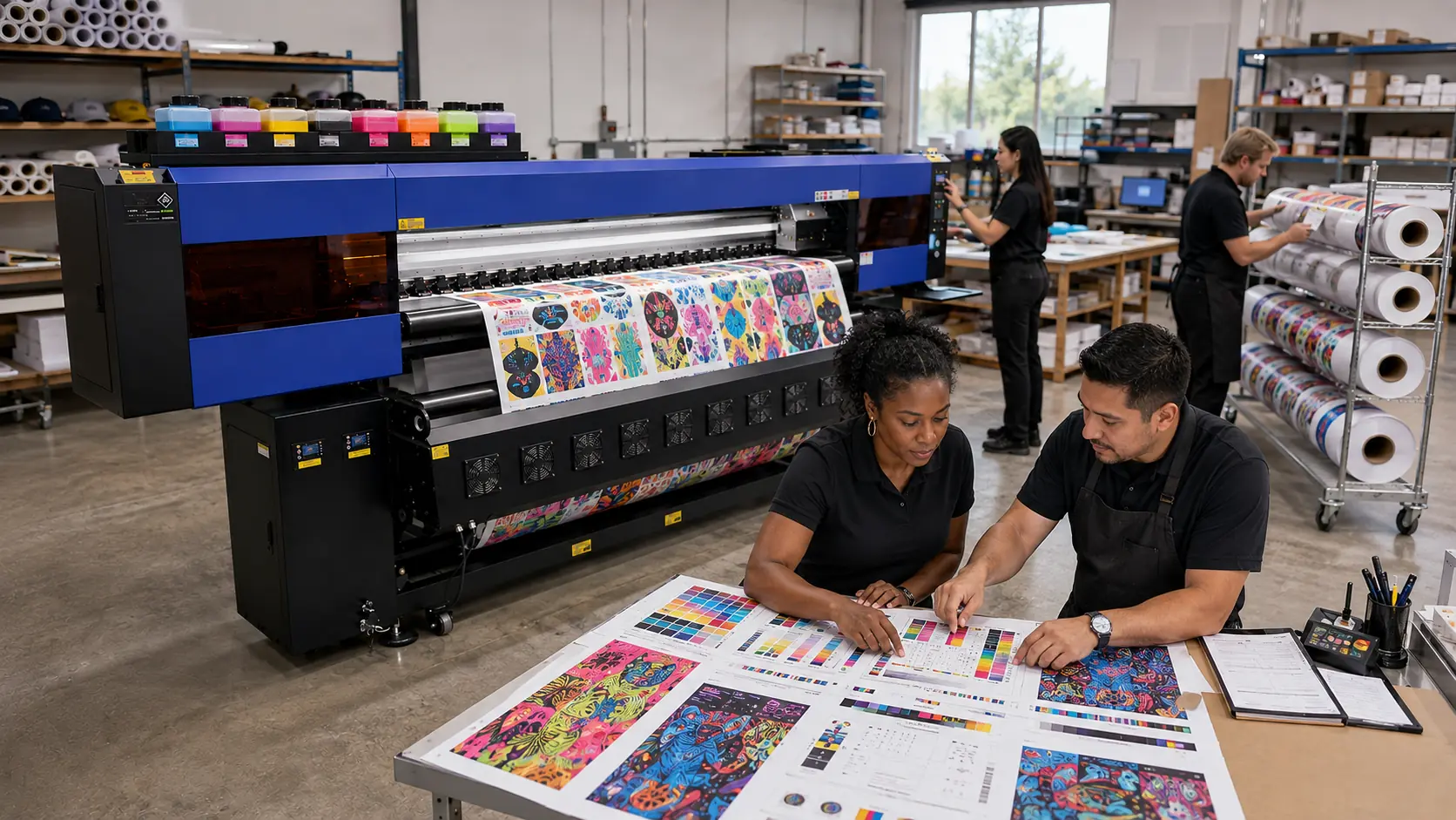 Print professionals reviewing vibrant sublimation output beside a wide-format production printer