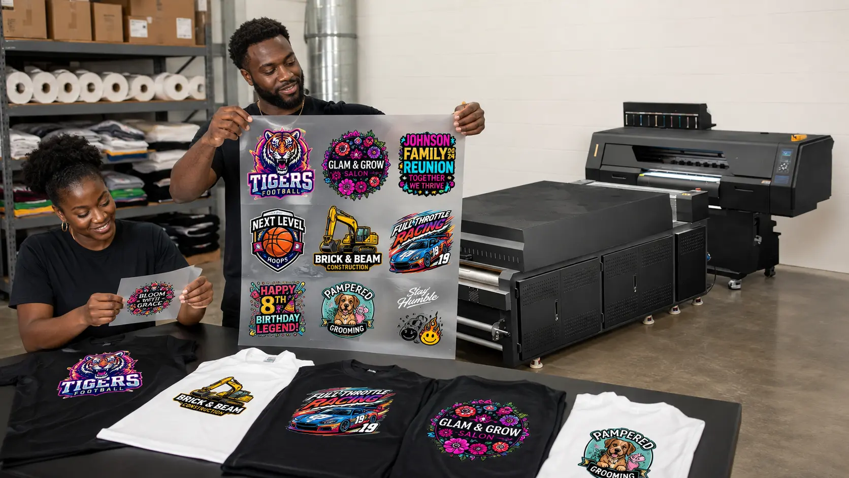 Print team displaying custom transfers with finished shirts