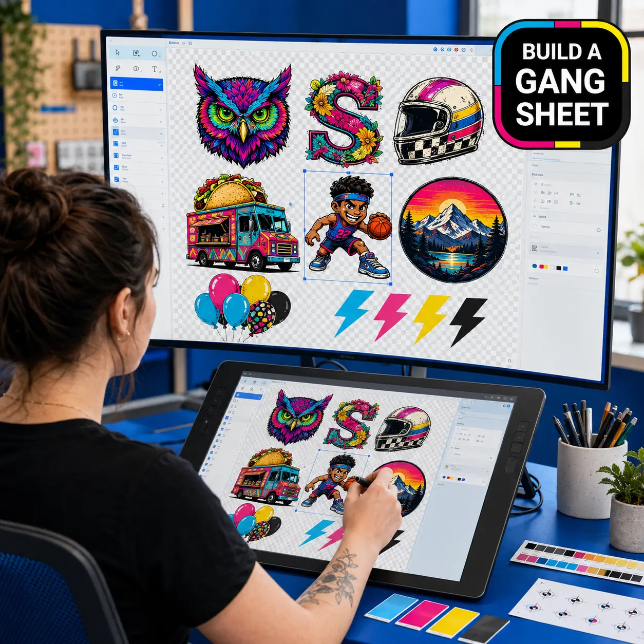 Designer arranging colorful artwork in an online gang sheet builder