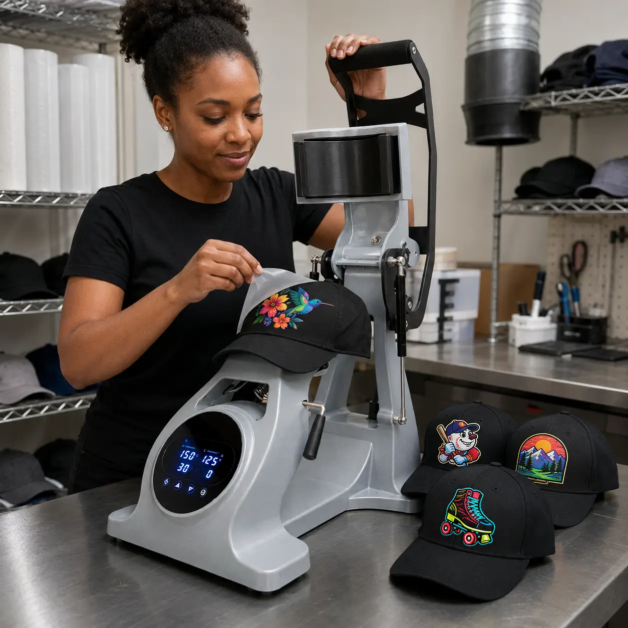 Colorful hummingbird design being applied to a cap