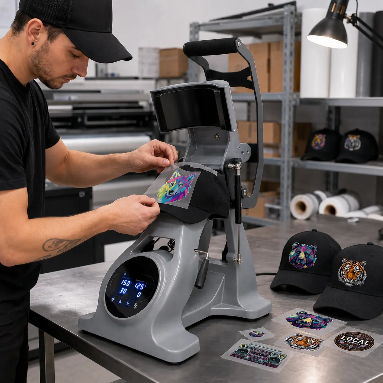 Colorful animal transfer being positioned on a black cap