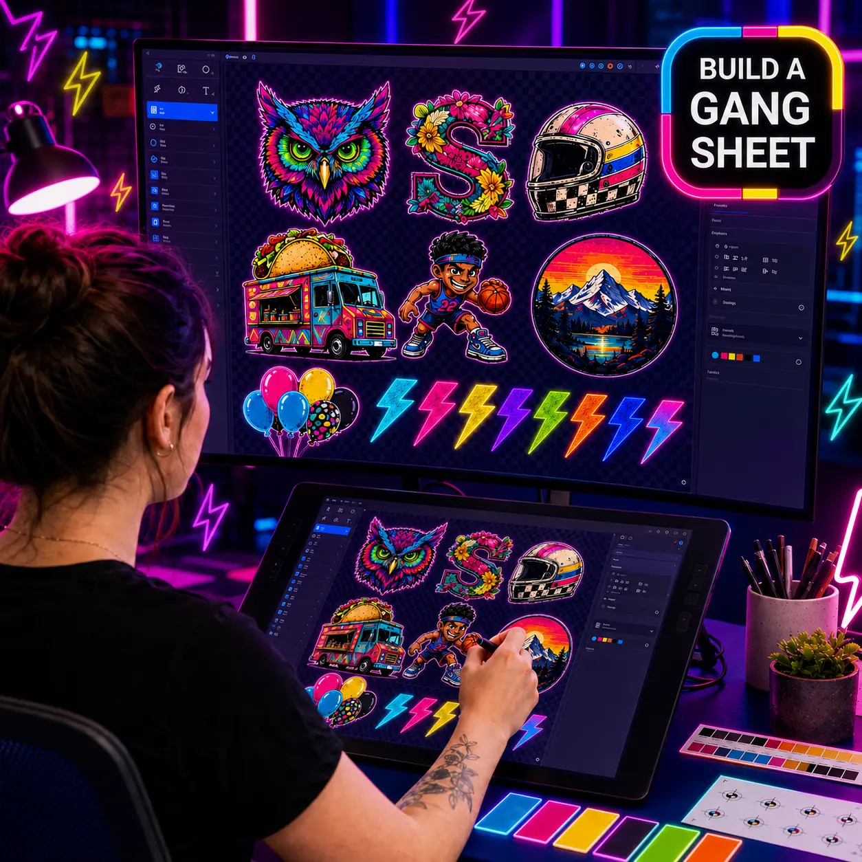 Designer building a fluorescent Color Splash gang sheet