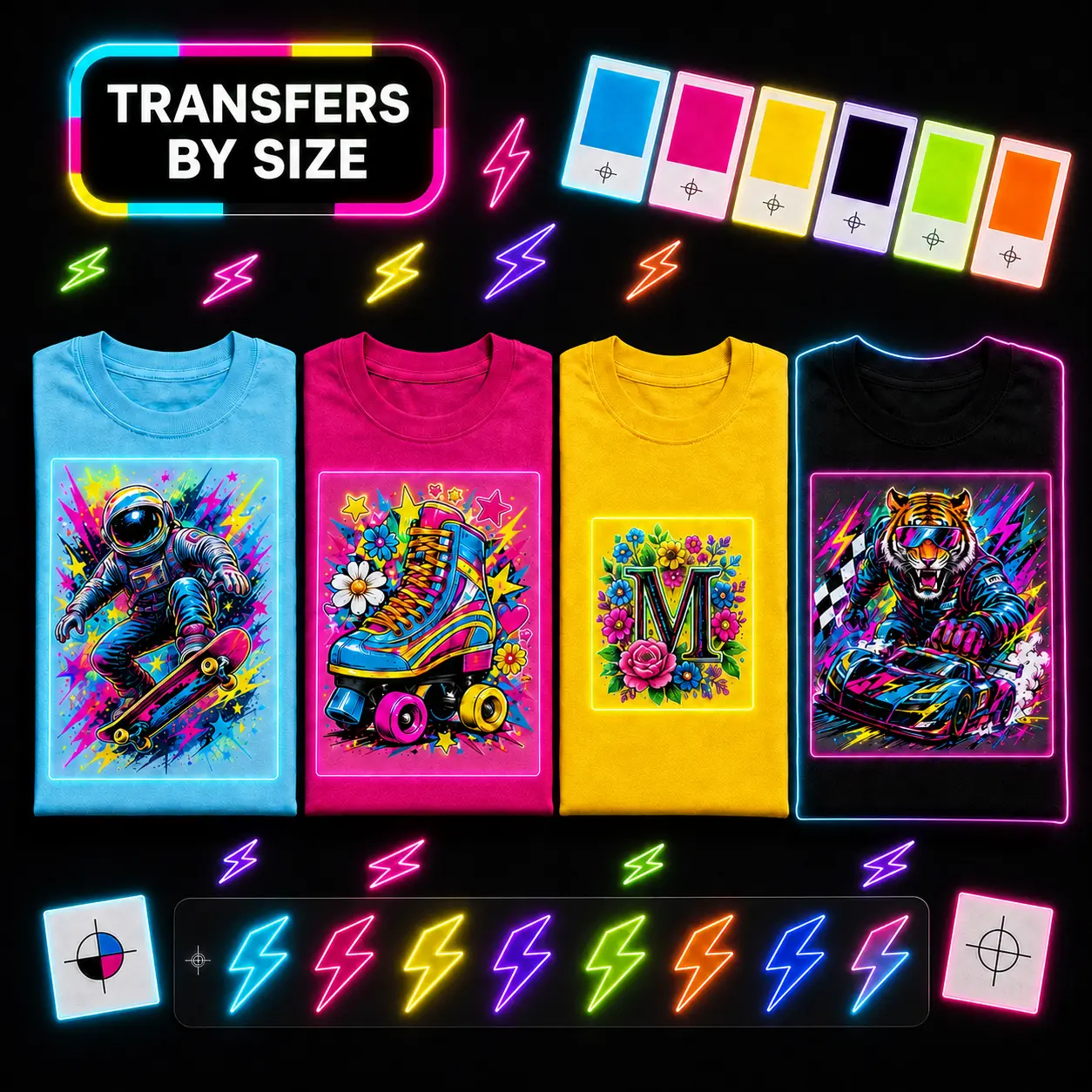 Neon Color Splash transfers displayed on four colorful shirts
