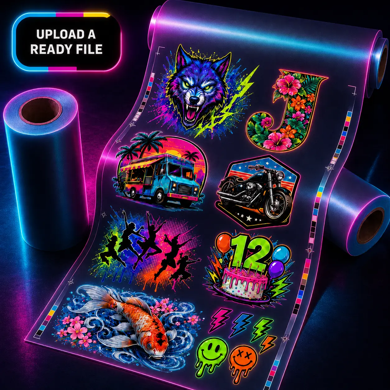 Fluorescent Color Splash artwork printed on a ready-to-upload transfer roll