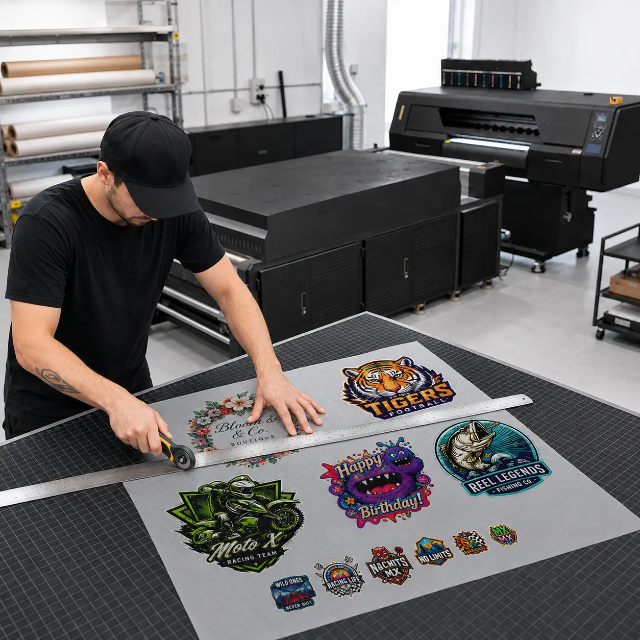 Transfer gang sheet being measured and cut