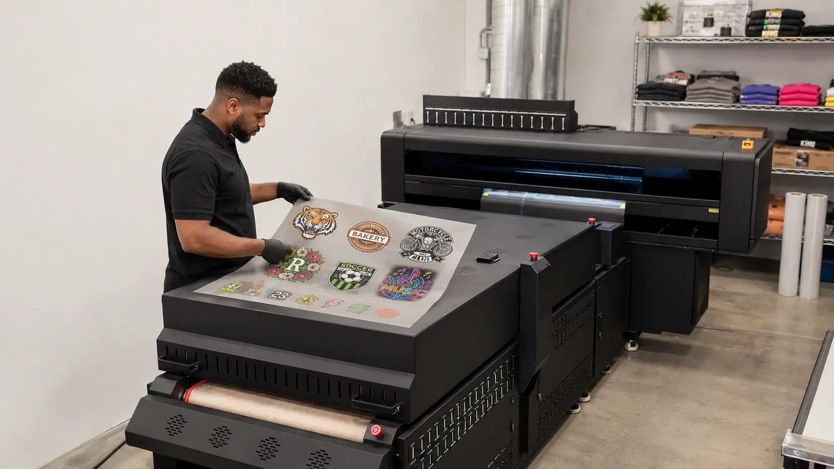 Large format transfer printer in a bright studio