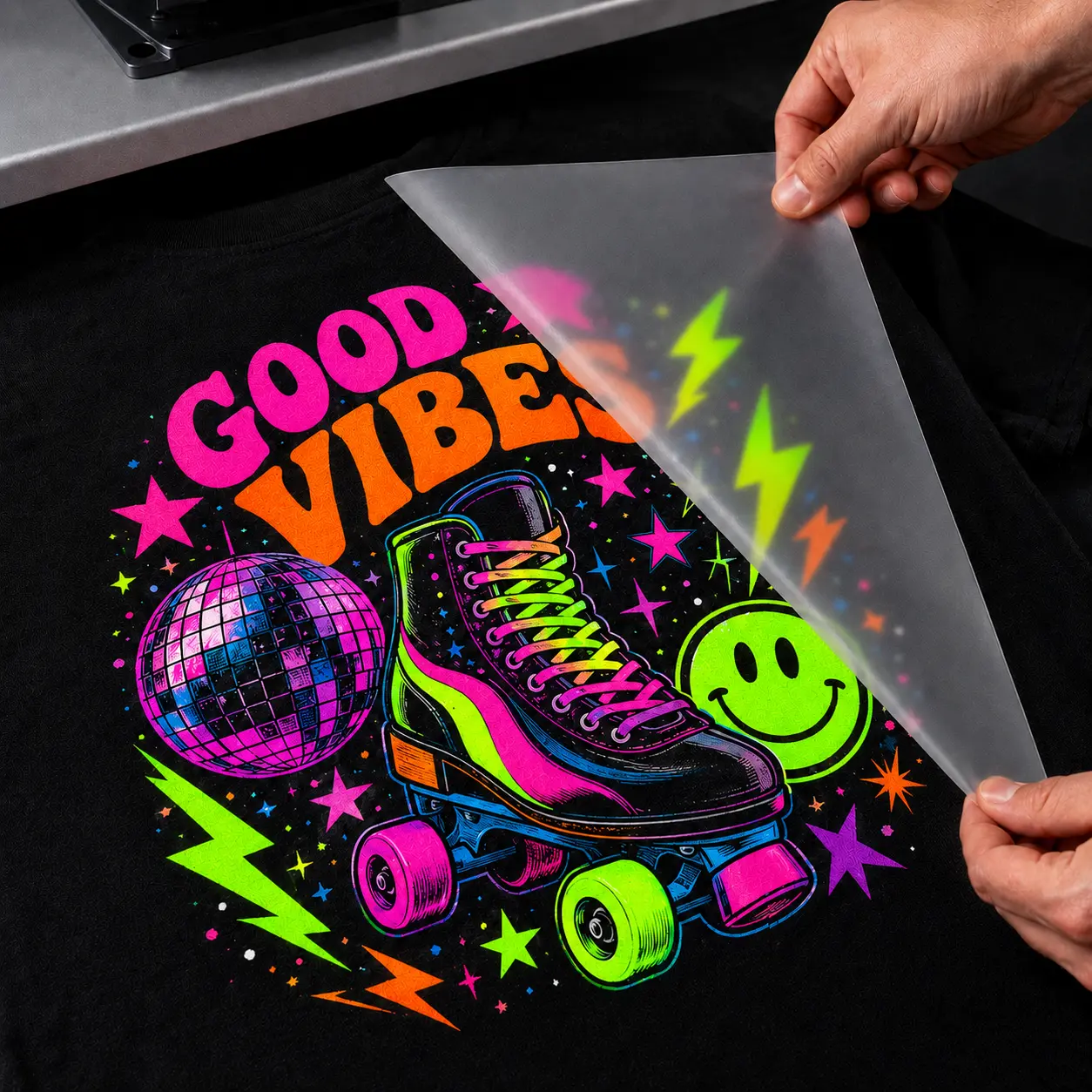 Bright neon Good Vibes roller skate print on a black shirt