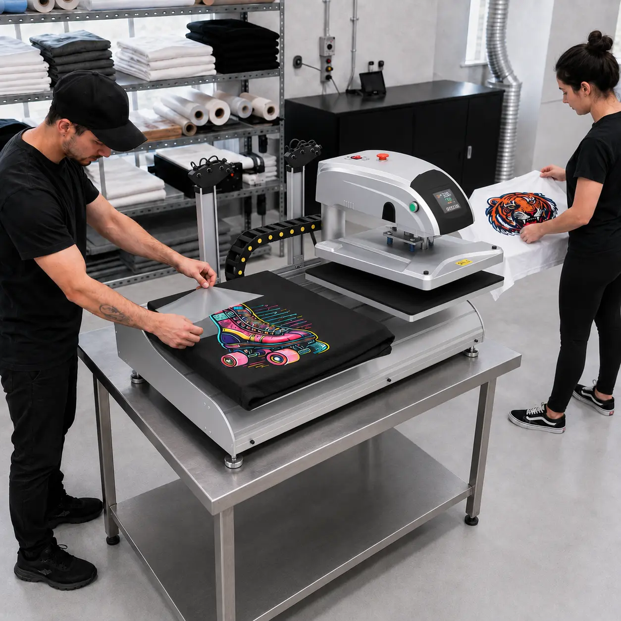 Two operators applying transfers with a large heat press