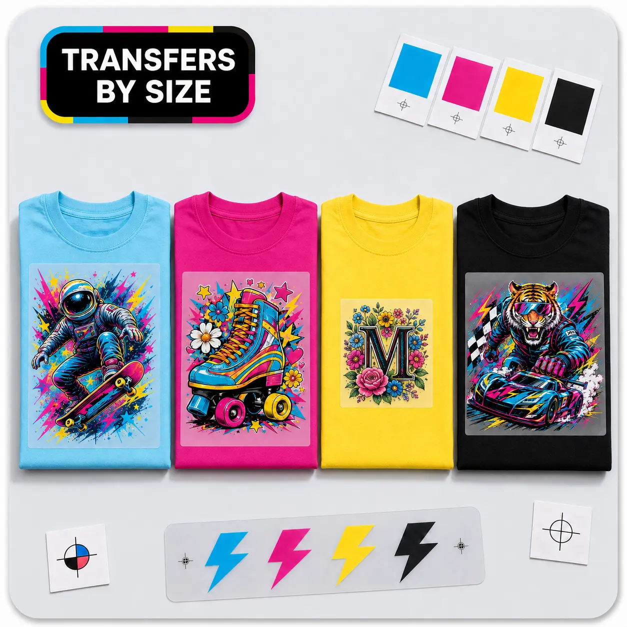 Four colorful shirts illustrating custom transfers ordered by size