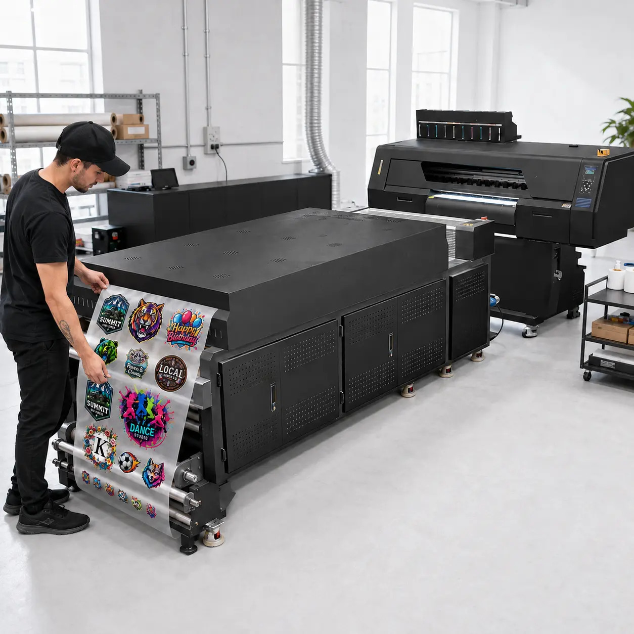 Operator collecting a printed transfer roll