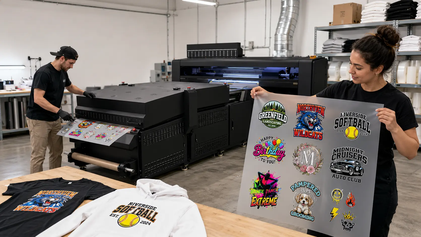 Print professionals displaying a finished custom transfer sheet