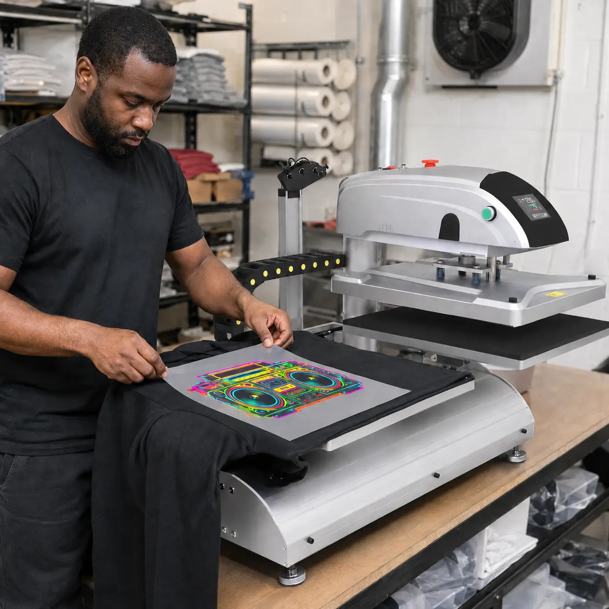 Operator positioning a vivid transfer on a shirt at a heat press