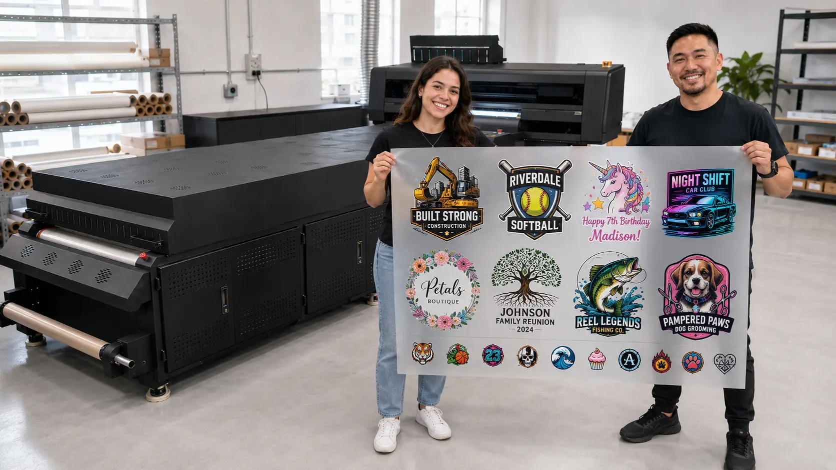Two print professionals holding a finished gang sheet