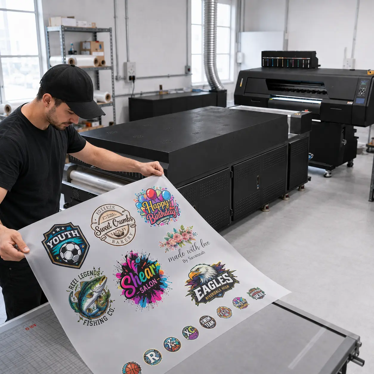 Large print-ready transfer sheet held in a production studio