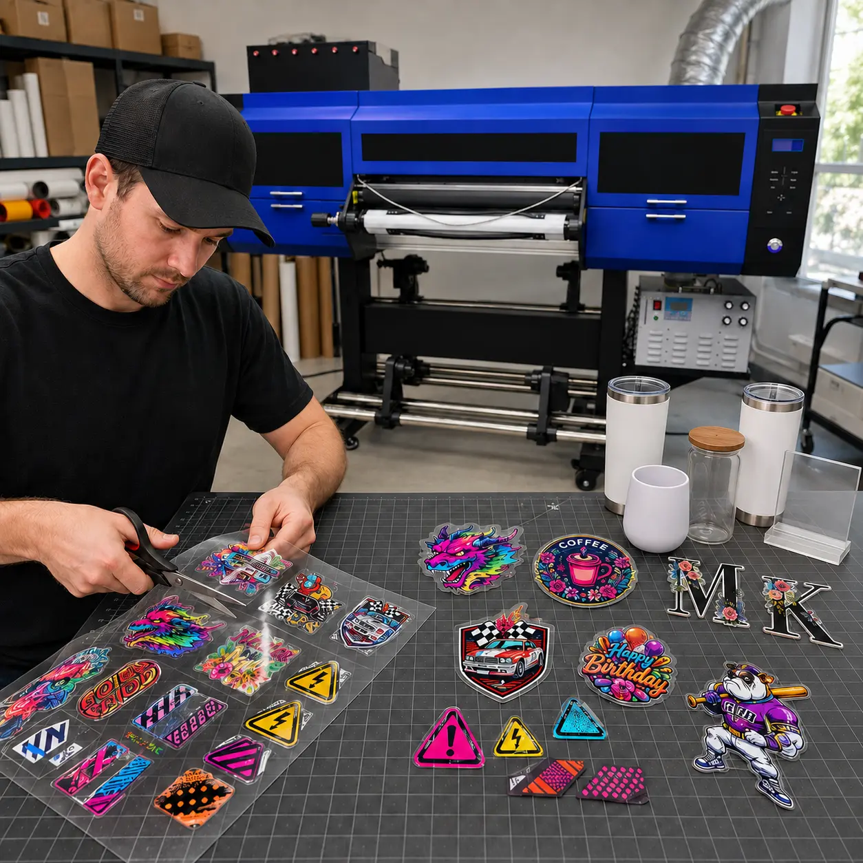 Colorful custom transfers being trimmed at a worktable