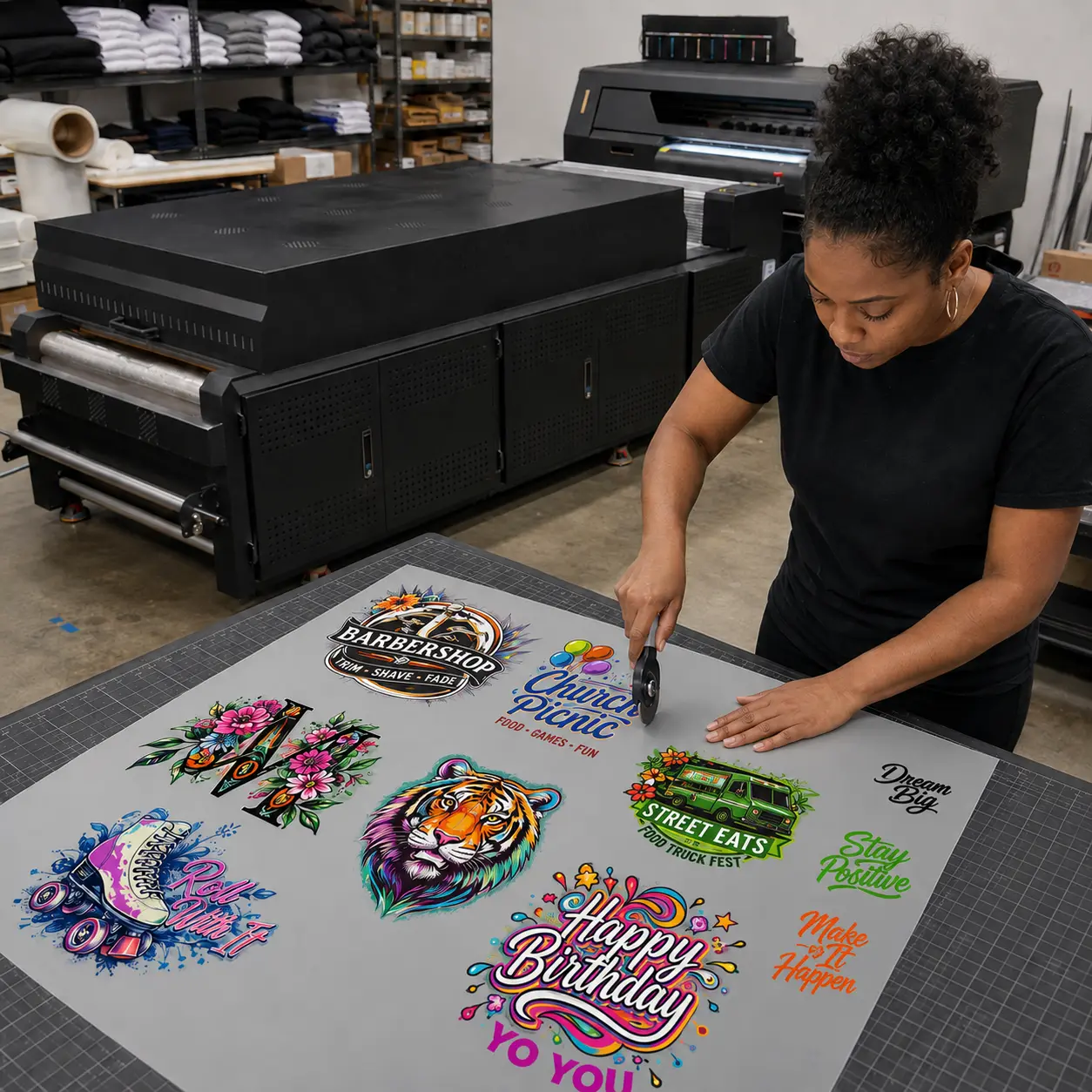Printed transfer sheet being trimmed on a cutting mat
