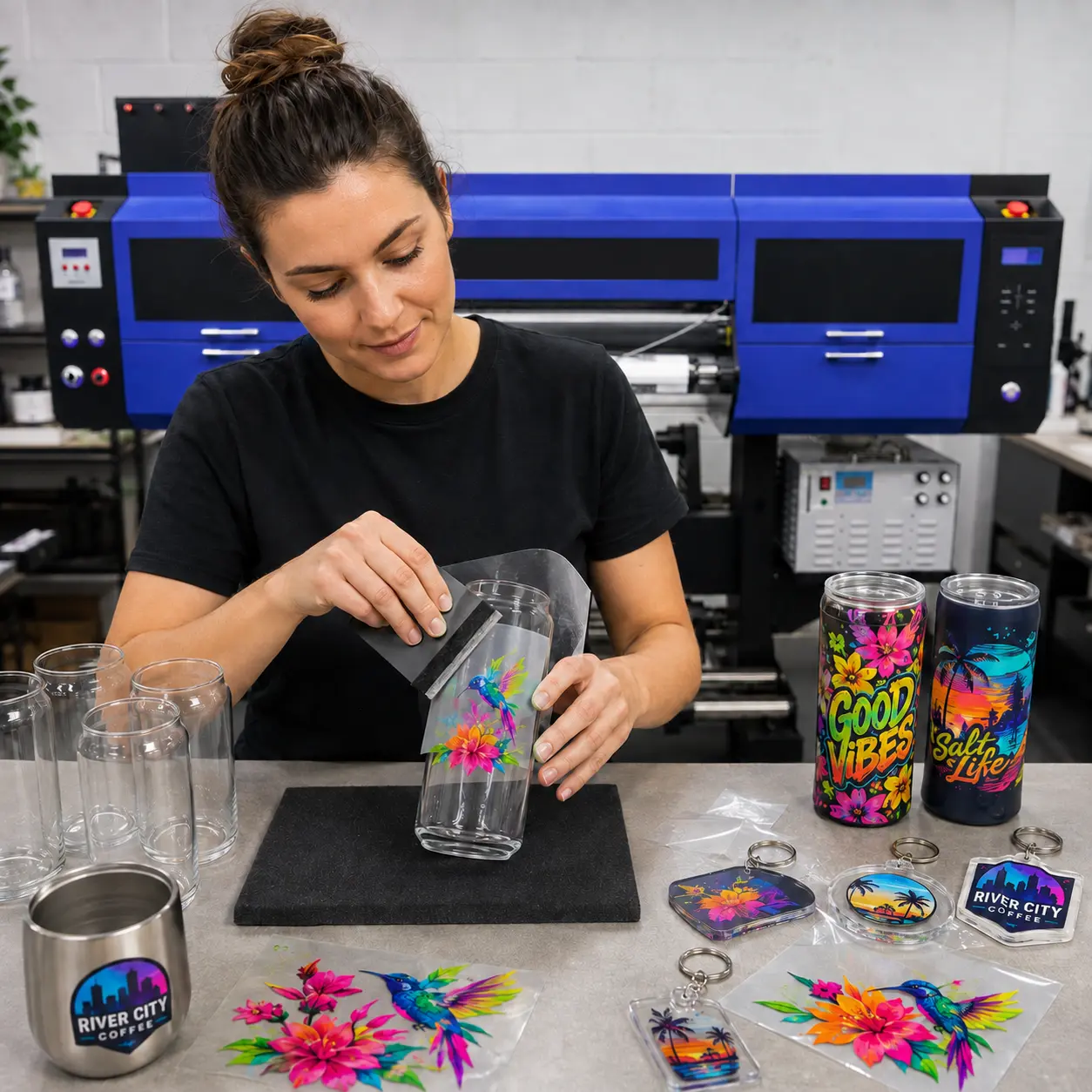 Colorful hummingbird design being applied to drinkware