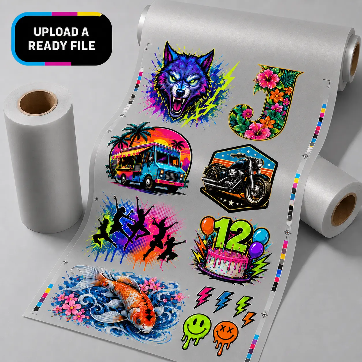 Print-ready gang sheet displayed on a roll of transfer film
